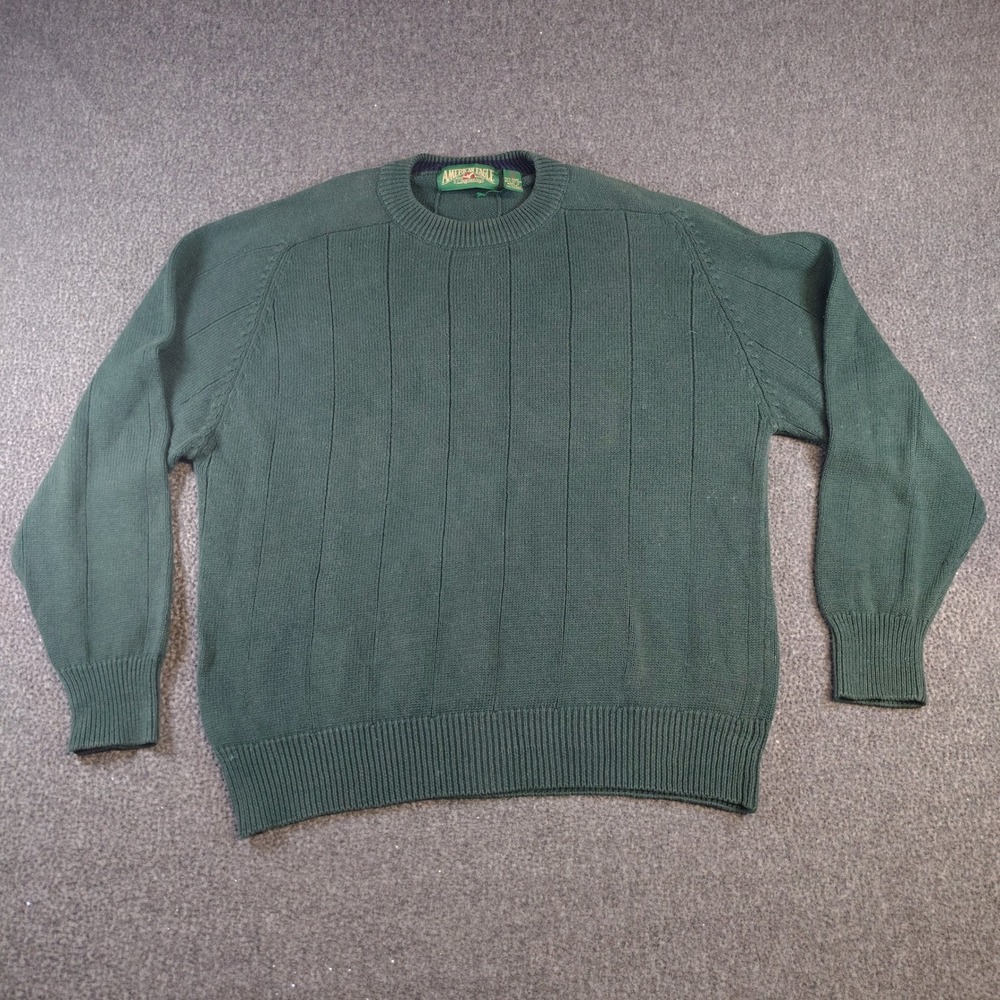 American Eagle Crewneck Sweater Mens Large Green Ribbed Knit Pullover Vintage